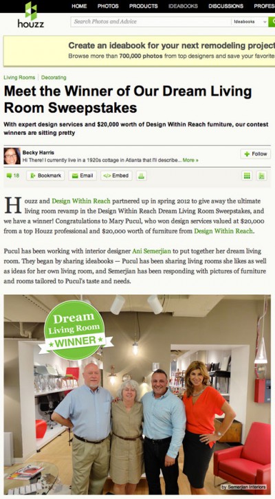 Semerjian is chosen Interior Designer for Houzz/Design Within Reach Sweepstakes
