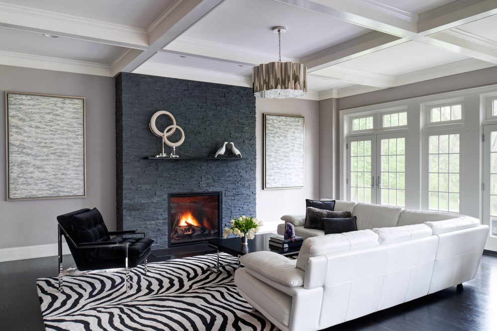 Modern Family Room with Coffer Celling and Stone Fireplace